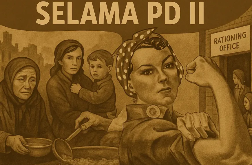 Ilustrasi poster bergaya vintage yang merepresentasikan perjuangan perempuan dalam kehidupan sipil selama Perang Dunia II, menampilkan Rosie the Riveter dan antrean rakyat untuk ransum makanan.