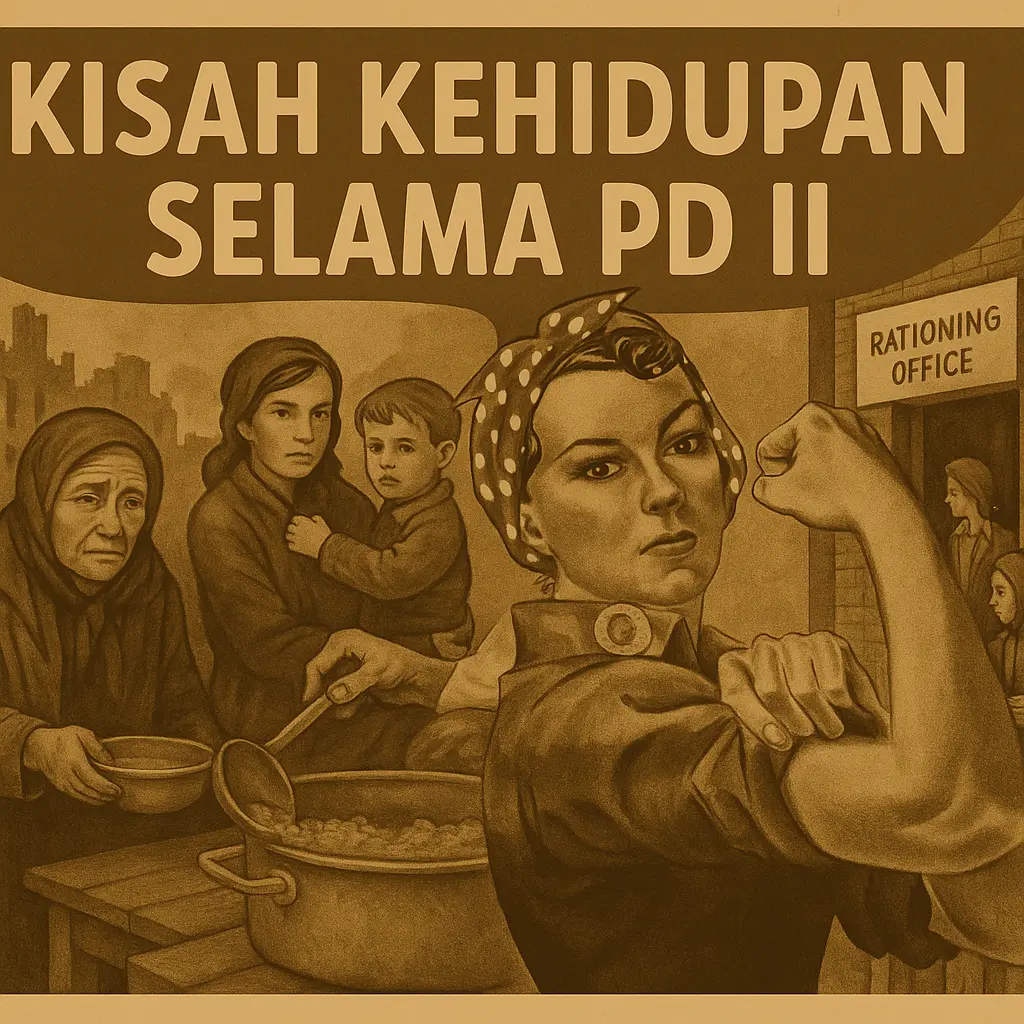 Ilustrasi poster bergaya vintage yang merepresentasikan perjuangan perempuan dalam kehidupan sipil selama Perang Dunia II, menampilkan Rosie the Riveter dan antrean rakyat untuk ransum makanan.