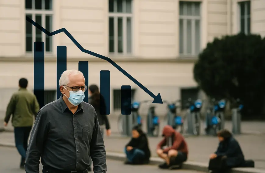 Seorang pria bermasker berjalan dengan latar grafik penurunan ekonomi dan orang-orang terdampak duduk di jalan