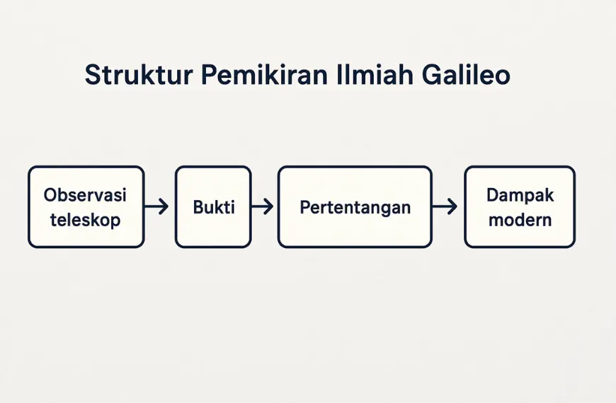 Diagram alur pemikiran ilmiah Galileo Galilei dari observasi teleskop hingga dampak modern.