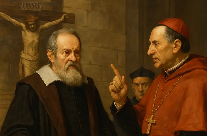 Lukisan Galileo Galilei saat berdebat dengan tokoh Gereja Katolik dalam pengadilan Inkuisisi.