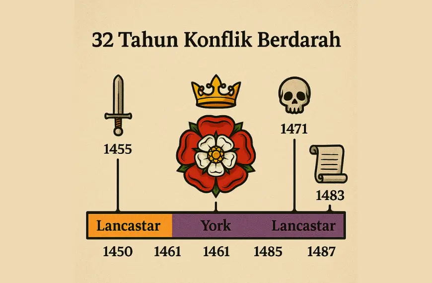 Infografik kronologi Perang Mawar 1455–1487 antara Lancaster dan York