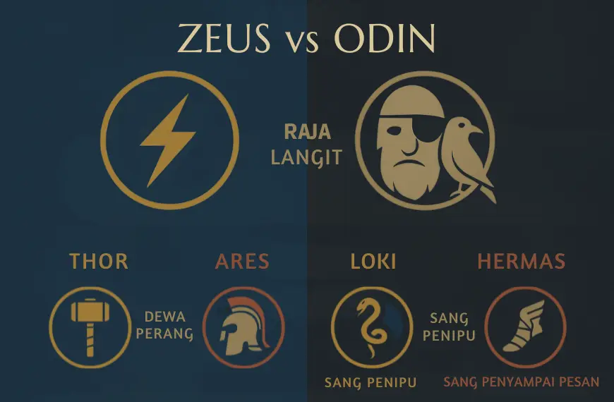 Infografik perbandingan dewa mitologi Nordik dan Yunani, menampilkan Odin, Zeus, Thor, Ares, Loki, dan Hermes secara visual.