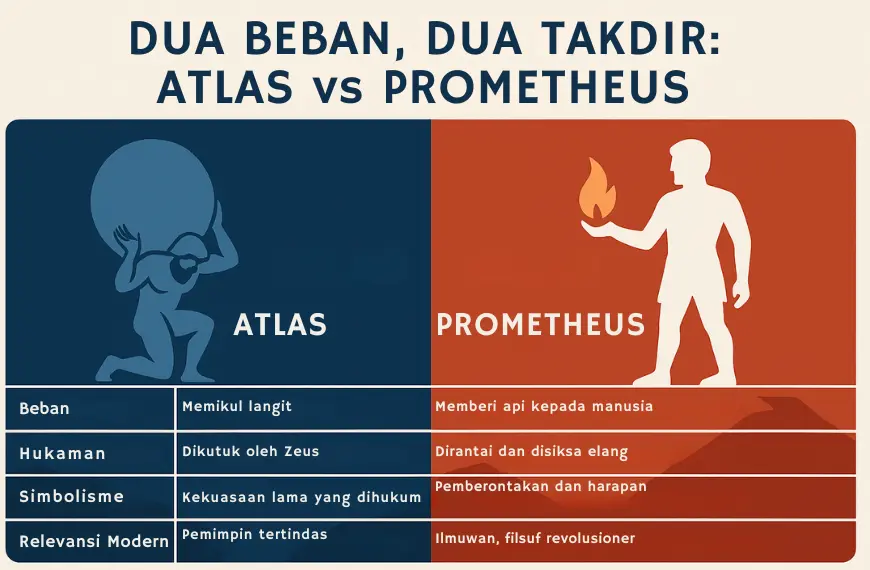 Infografik perbandingan Atlas dan Prometheus dalam mitologi Yunani, menampilkan perbedaan beban, hukuman, simbolisme, dan relevansi modern.