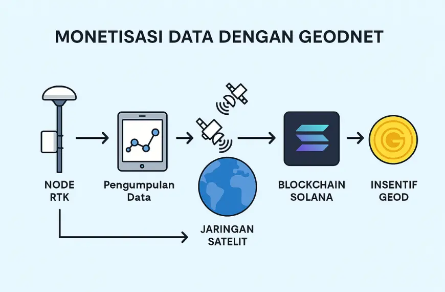 Infografis alur kerja monetisasi data GEODNET mulai dari node RTK hingga insentif GEOD token berbasis blockchain Solana.