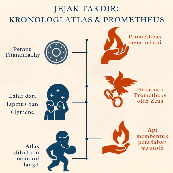 Timeline mitologi Yunani yang menggambarkan kronologi kisah Atlas dan Prometheus sebagai dua penanggung beban dunia.