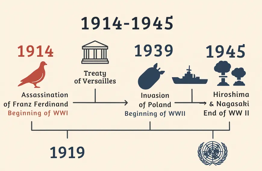 Timeline infografik dampak perang dunia dari 1914 hingga 1945