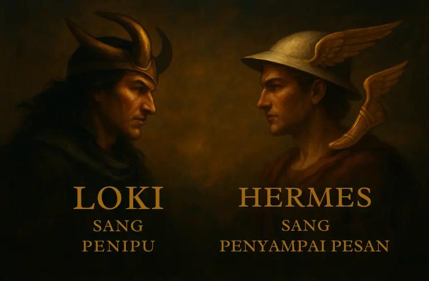Loki dan Hermes dalam ilustrasi simbolik bergaya klasik, menampilkan kontras karakter antara dewa mitologi Nordik dan Yunani.