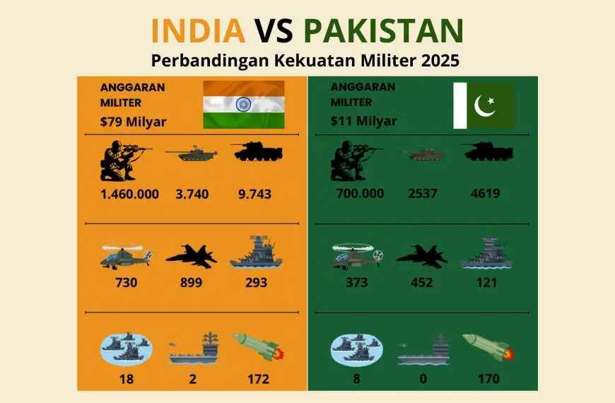 Perbandingan kekuatan militer India vs Pakistan 2025 termasuk anggaran, personel, tank, pesawat, kapal, dan rudal.