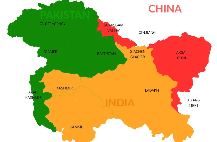 Peta Kashmir terbaru yang menunjukkan wilayah yang dikuasai India, Pakistan, dan China, termasuk Aksai Chin dan Azad Kashmir, dalam sejarah konflik India vs Pakistan.