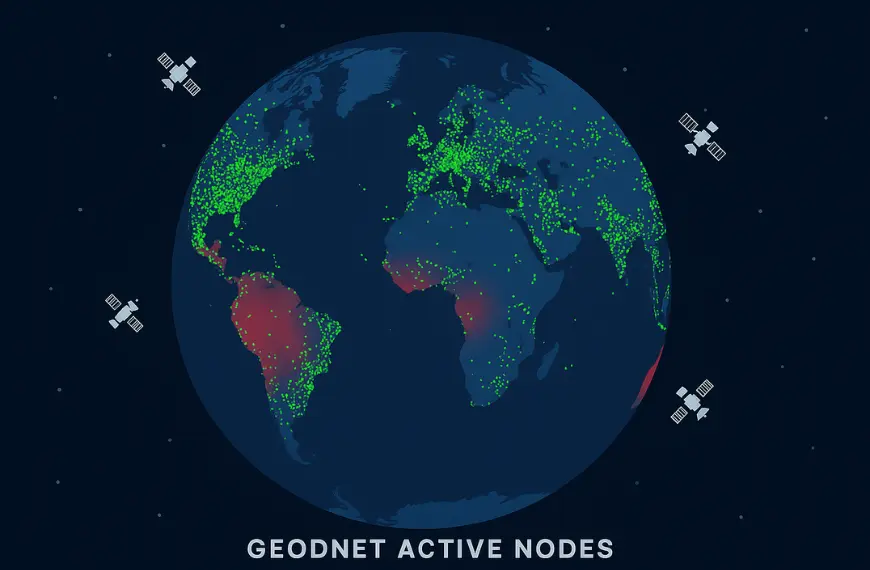 Peta dunia GEODNET menunjukkan ribuan node aktif dan area minim cakupan untuk monetisasi data GEODNET.
