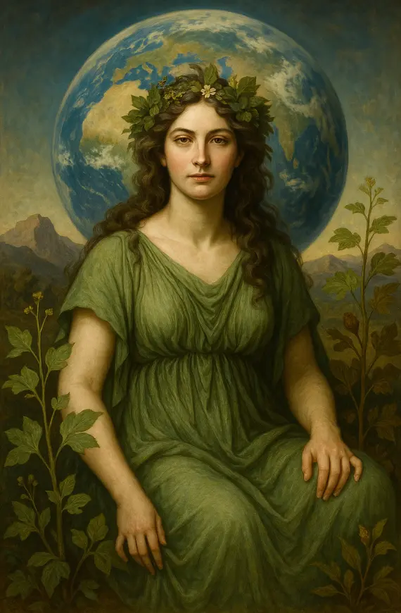 Gambar Gaea dewi bumi dalam mitologi Yunani duduk anggun dengan latar planet Bumi