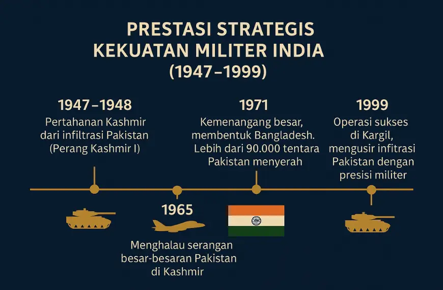 Prestasi strategis kekuatan militer India 1947–1999 dalam konflik India vs Pakistan, menampilkan kemenangan perang Kashmir, 1965, 1971, dan Kargil.