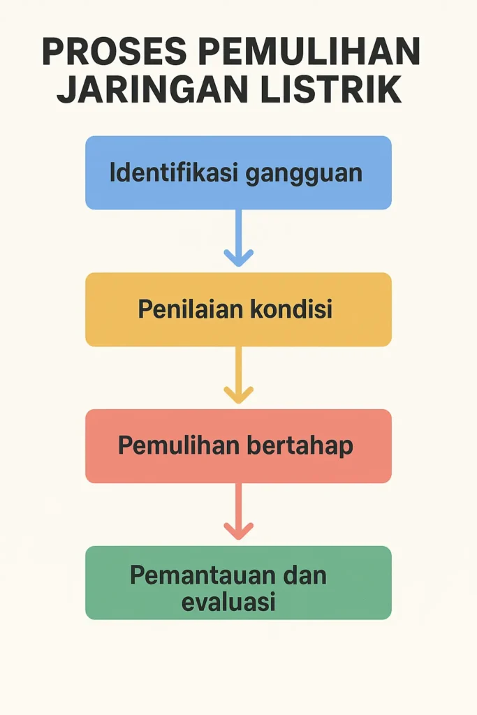 Diagram alur proses pemulihan jaringan listrik dari pemadaman listrik Spanyol Portugal 2025, mulai dari identifikasi gangguan hingga pemantauan dan evaluasi.