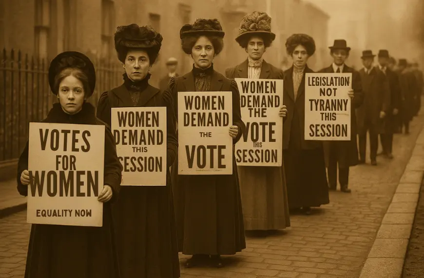 Sekelompok perempuan dari gerakan suffragette melakukan pawai damai sambil membawa poster bertuliskan “Votes for Women” dan “Women Demand the Vote”, menggambarkan perjuangan perempuan untuk mendapatkan hak suara dan kesetaraan politik pada awal abad ke-20.