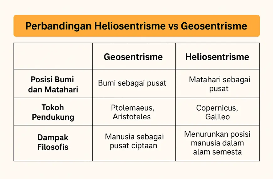Tabel perbandingan antara pandangan geosentrisme dan heliosentrisme dalam konteks revolusi ilmiah.