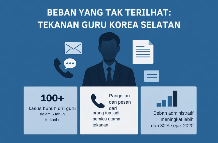 Infografik tekanan guru Jeju termasuk beban administratif, komunikasi orang tua, dan angka bunuh diri