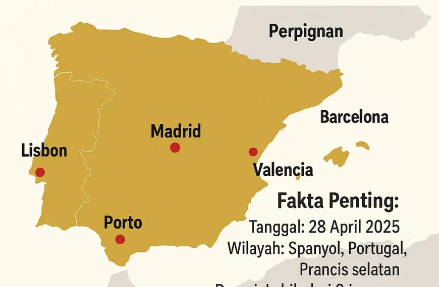 Peta wilayah terdampak pemadaman listrik Spanyol Portugal 2025 menampilkan kota Madrid, Barcelona, Valencia, Lisbon, Porto, dan Perpignan di Prancis selatan.