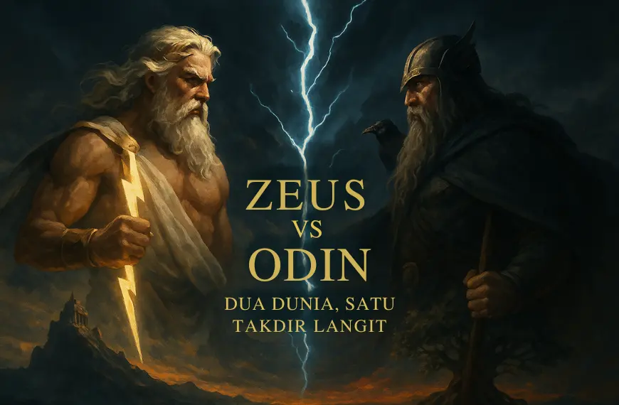 Ilustrasi epik Zeus dan Odin, dua dewa mitologi Nordik dan Yunani, berdiri berhadapan di langit yang terbelah oleh petir. Title: