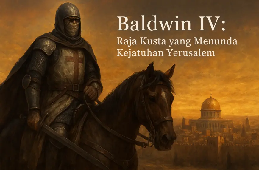 Baldwin IV, Raja Kusta Yerusalem, mengenakan zirah dan duduk di atas kuda dengan latar belakang Kota Yerusalem saat matahari terbenam.