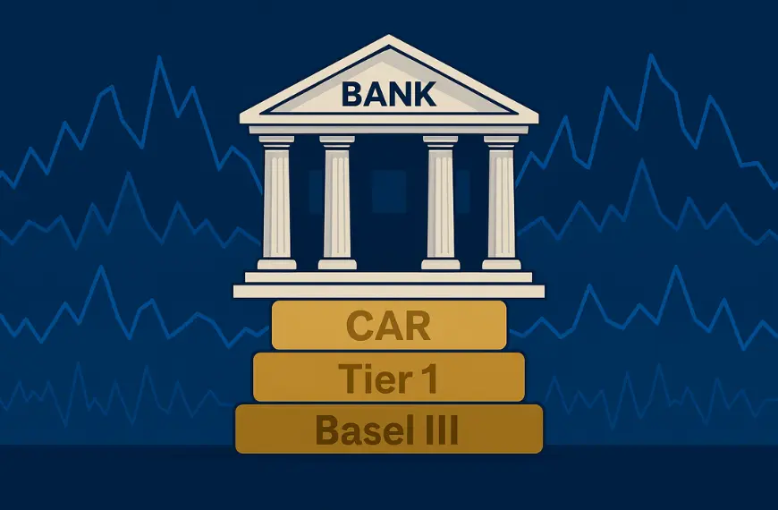Ilustrasi bank modern berdiri di atas huruf CAR, Tier 1, dan Basel III untuk menjelaskan konsep capital requirement