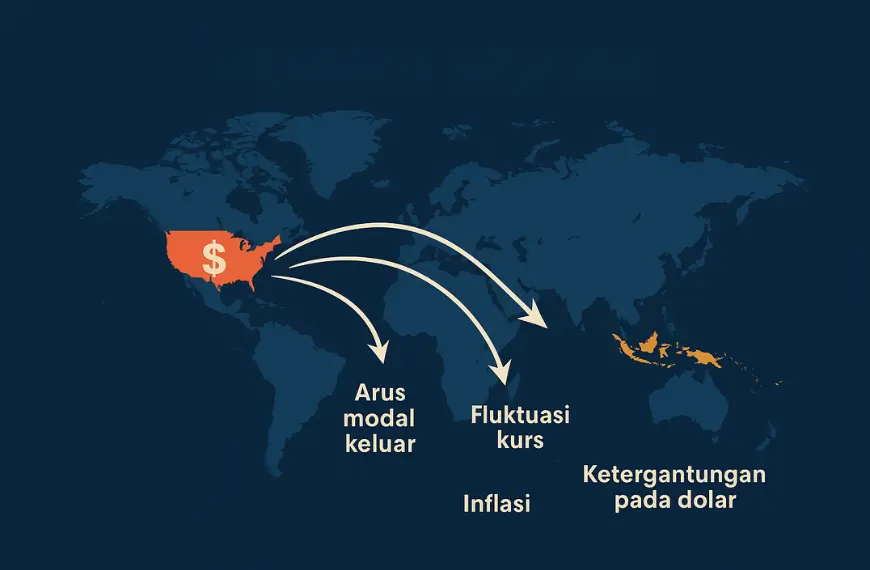 Infografik peta dunia yang menjelaskan dampak stealth liquidity backdoor dari AS ke negara seperti Indonesia