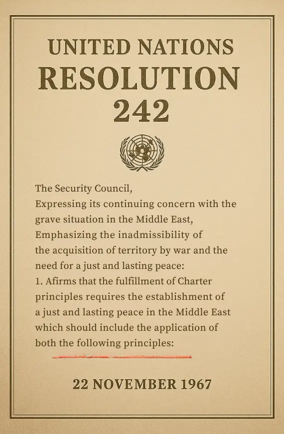 Poster dokumen Resolusi PBB 242 dengan stempel resmi dan highlight pada frasa “from territories”