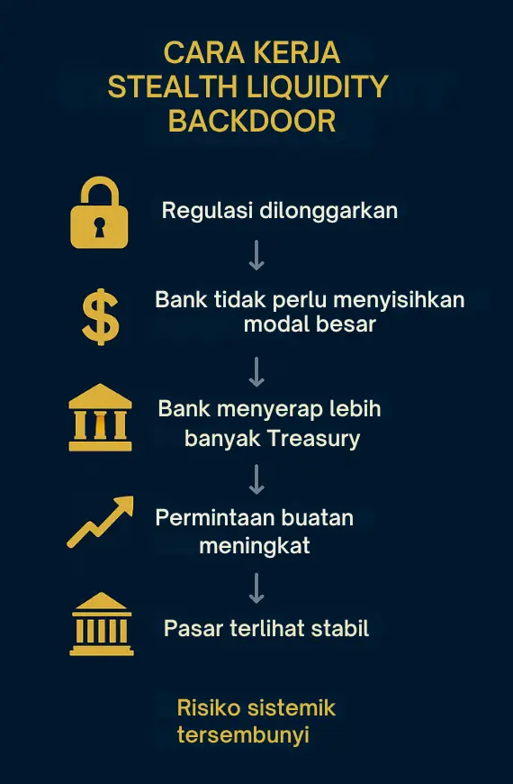 Infografik menjelaskan cara kerja stealth liquidity backdoor mulai dari pelonggaran regulasi hingga risiko sistemik tersembunyi