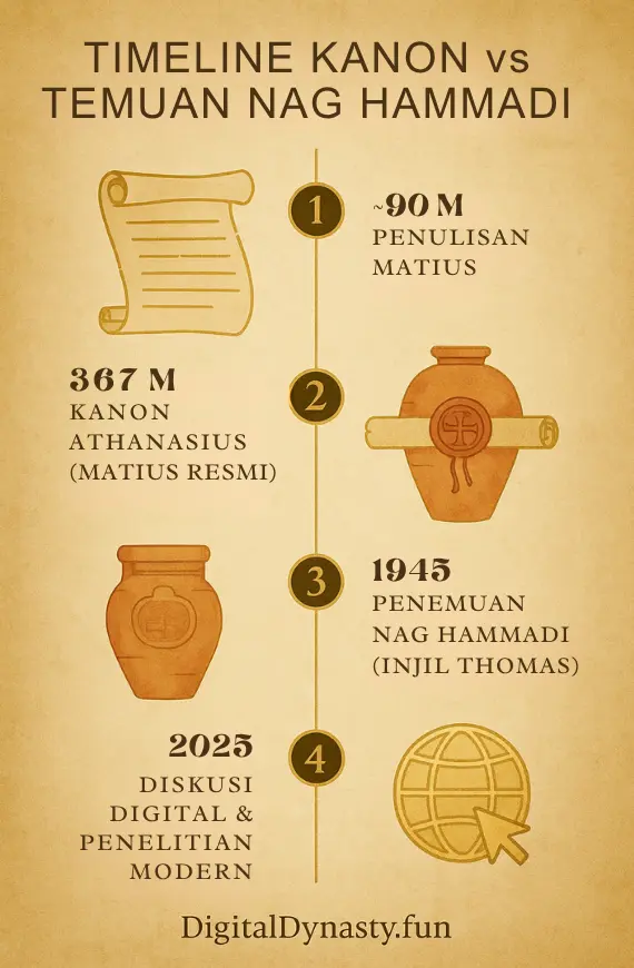 Infografik Injil Thomas vs Injil Matius menampilkan timeline kanonisasi dan temuan Nag Hammadi dari tahun 90 M hingga 2025