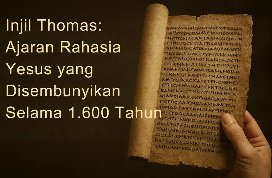 Banner artikel Injil Thomas menampilkan gulungan teks apokrif Kristen dari Nag Hammadi