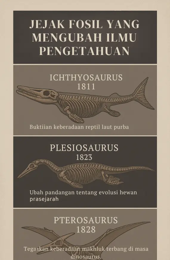 Infografik penemuan fosil Mary Anning: Ichthyosaurus 1811, Plesiosaurus 1823, dan Pterosaurus 1828