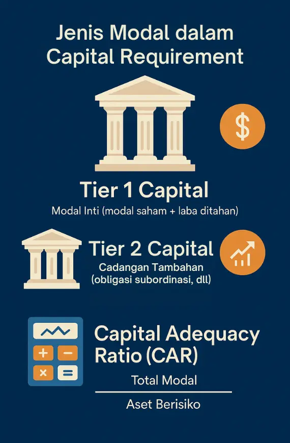 Infografik vertikal yang menjelaskan capital requirement melalui Tier 1, Tier 2, dan rasio kecukupan modal (CAR)