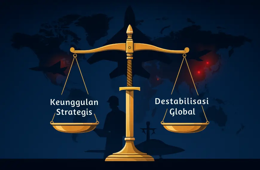 Timbangan keadilan menggambarkan dampak teknologi siluman terhadap stabilitas global