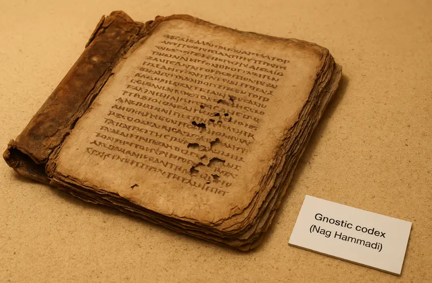 Kodeks kuno dari Nag Hammadi Library dengan naskah Koptik berdebu