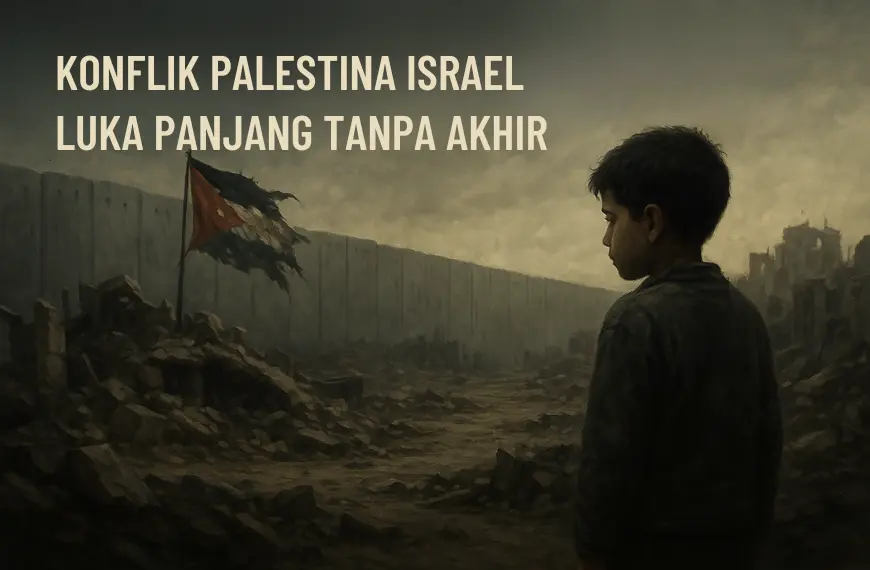 Seorang anak Palestina menatap puing-puing di depan tembok pemisah dalam konflik Palestina Israel