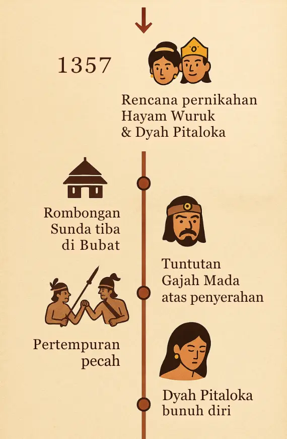 Infografik kronologi Perang Bubat antara Majapahit dan Sunda tahun 1357