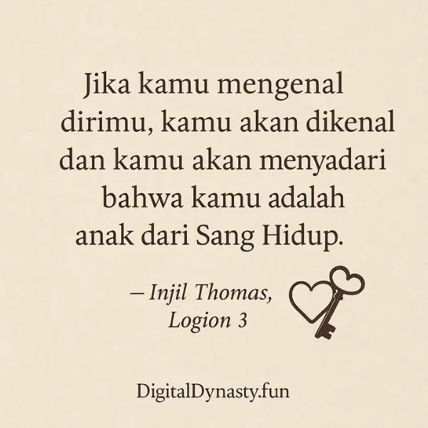 Kutipan Injil Thomas vs Injil Matius dengan ilustrasi kunci dan hati pada latar parchment