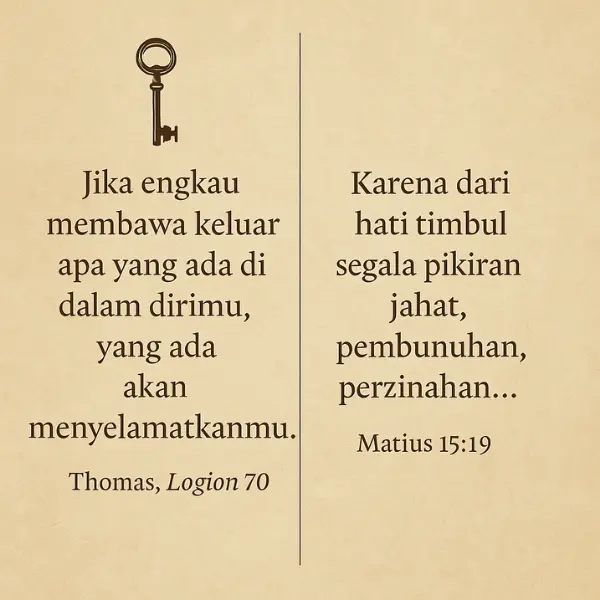 Kutipan kontras Injil Thomas vs Injil Matius ditampilkan berdampingan dalam satu layout vertikal