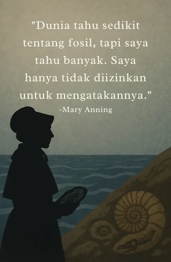 Ilustrasi siluet Mary Anning di tepi pantai memegang fosil, dengan kutipan tentang keterbatasan suara perempuan dalam sains