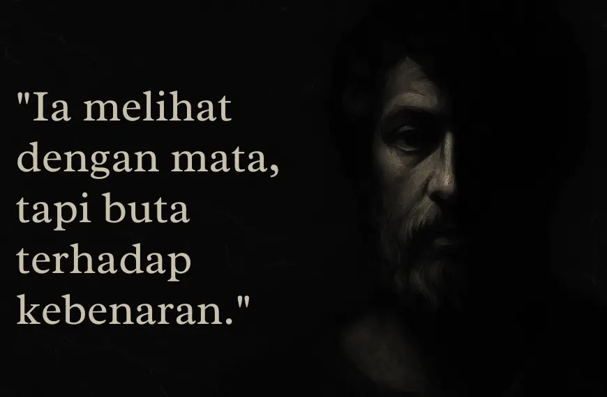 Kutipan visual dari tragedi Oedipus dalam mitologi Yunani dengan latar hitam dan wajah Oedipus setengah gelap.