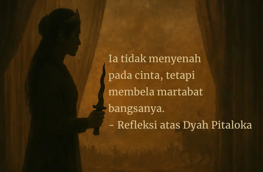 Siluet Dyah Pitaloka memegang keris dengan kutipan tentang kehormatan dalam Perang Bubat