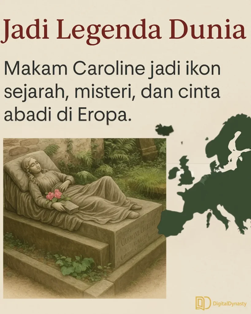 Patung Caroline Christine Walter di makam Freiburg dengan peta Jerman menunjukkan lokasi Freiburg