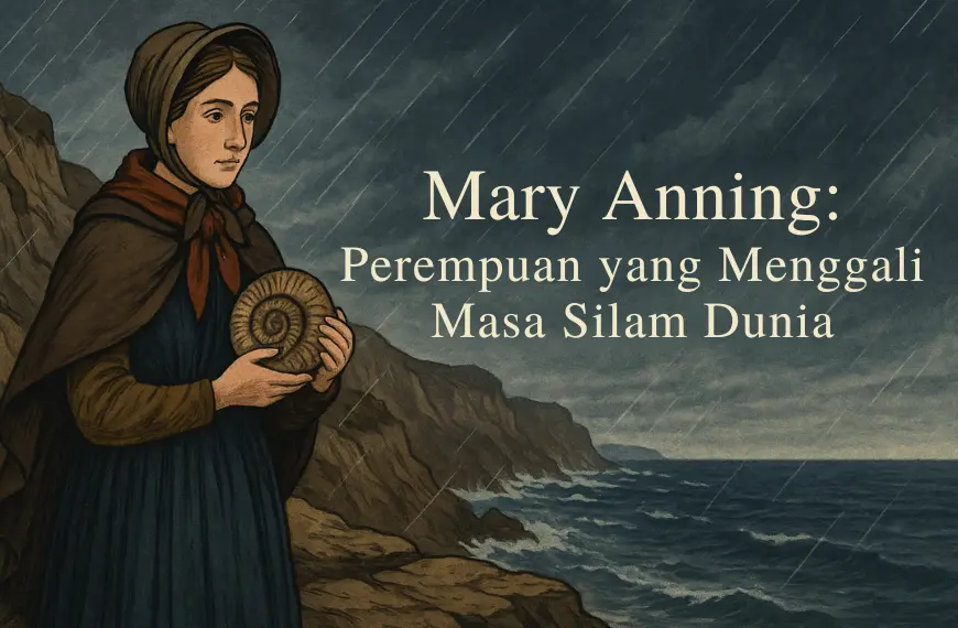 Mary Anning muda memegang fosil di tebing Lyme Regis, latar badai laut, menggambarkan semangatnya sebagai perempuan pelopor dalam sains