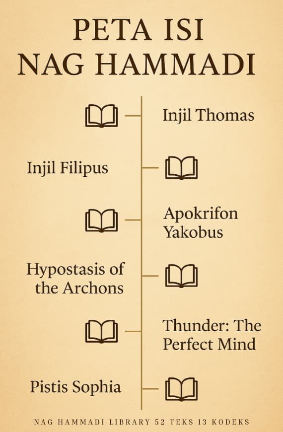 Infografik timeline Peta Isi Nag Hammadi Library dengan ikon buku di samping judul teks gnostik