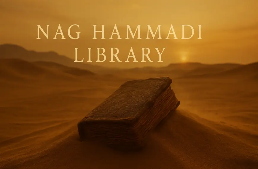 Hero image Nag Hammadi Library dengan kodeks kuno setengah terkubur di gurun