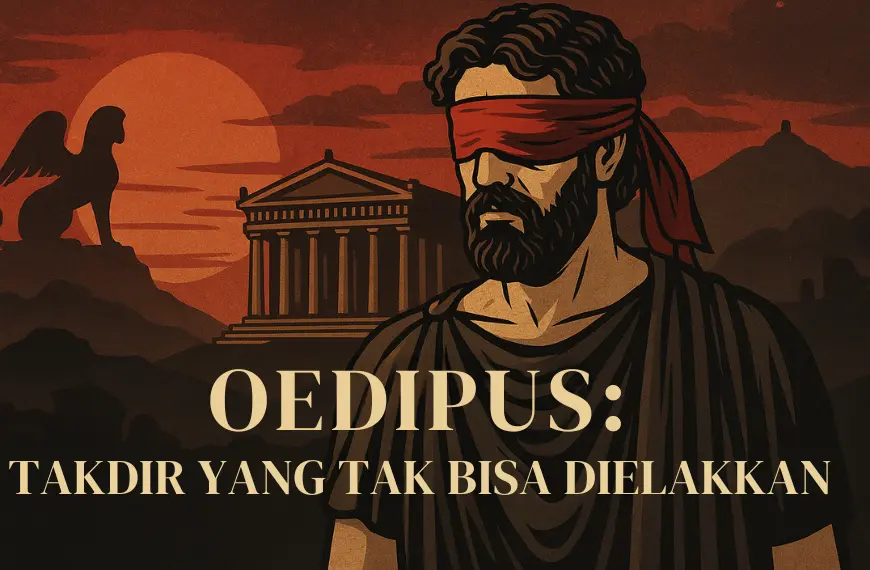 Ilustrasi Oedipus dalam mitologi Yunani berdiri di depan istana Thebes dengan mata tertutup kain merah, simbol tragedi Oedipus.