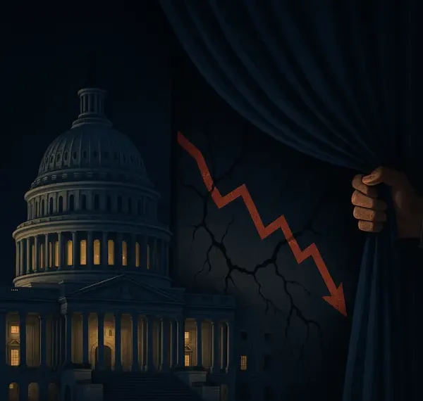 Ilustrasi stealth liquidity backdoor yang menampilkan gedung Federal Reserve dengan tirai menutupi keretakan pasar