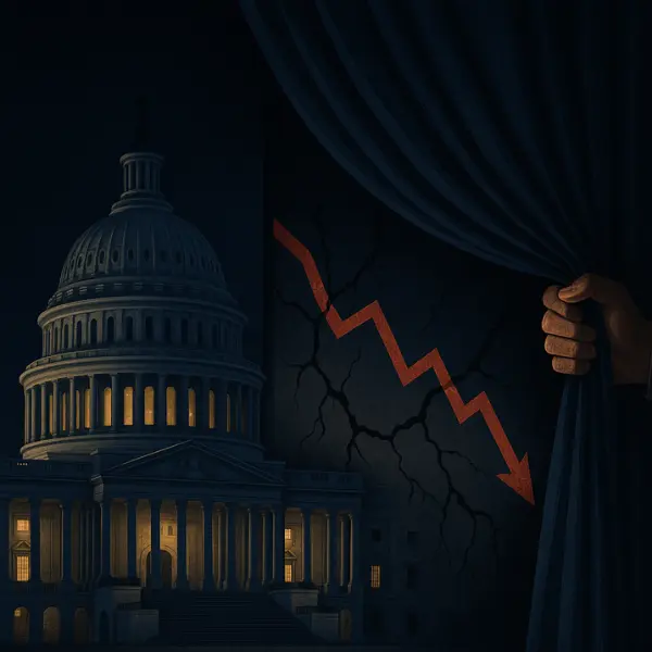 Ilustrasi stealth liquidity backdoor yang menampilkan gedung Federal Reserve dengan tirai menutupi keretakan pasar
