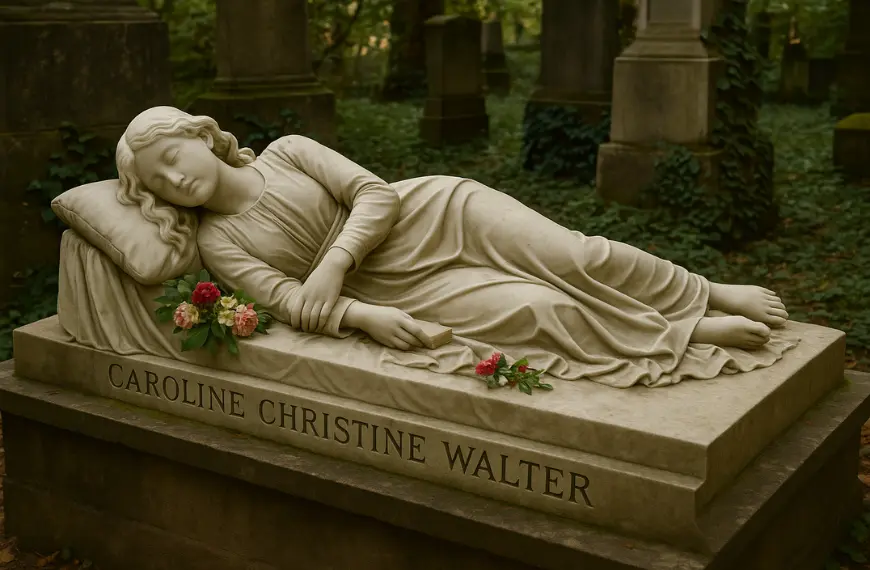Patung tidur Caroline Christine Walter dengan buku di tangan di makam Freiburg