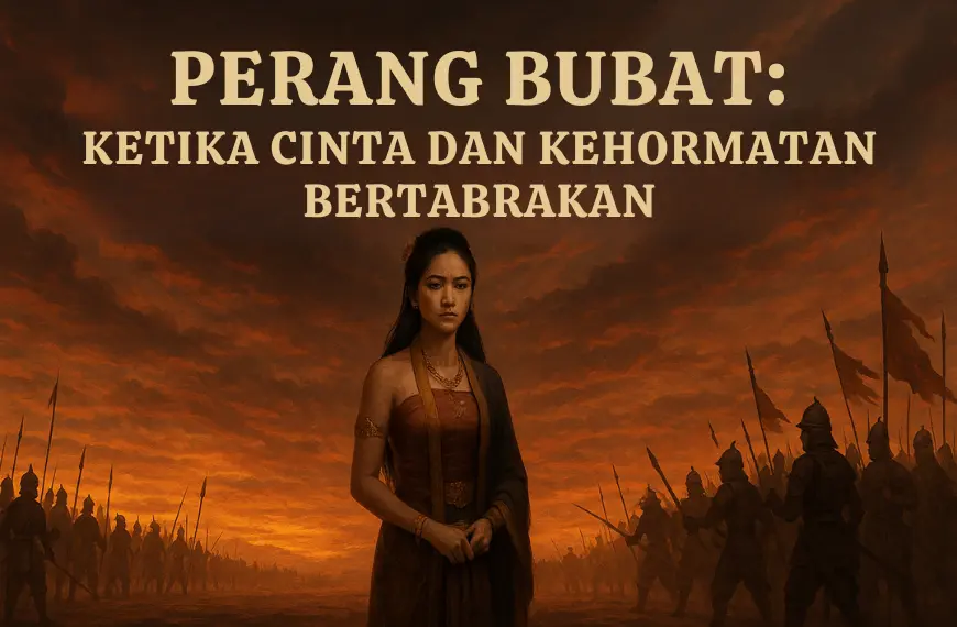 Ilustrasi Dyah Pitaloka di tengah Perang Bubat dikelilingi pasukan Majapahit dan Sunda